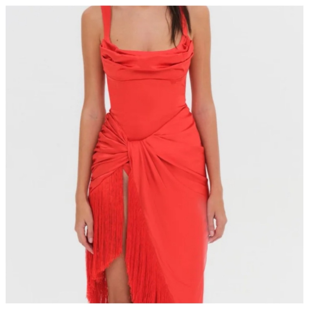 NWT For Love & Lemons Anisa Asymmetrical Silk Fringe Midi Dress - Picture 17 of 17